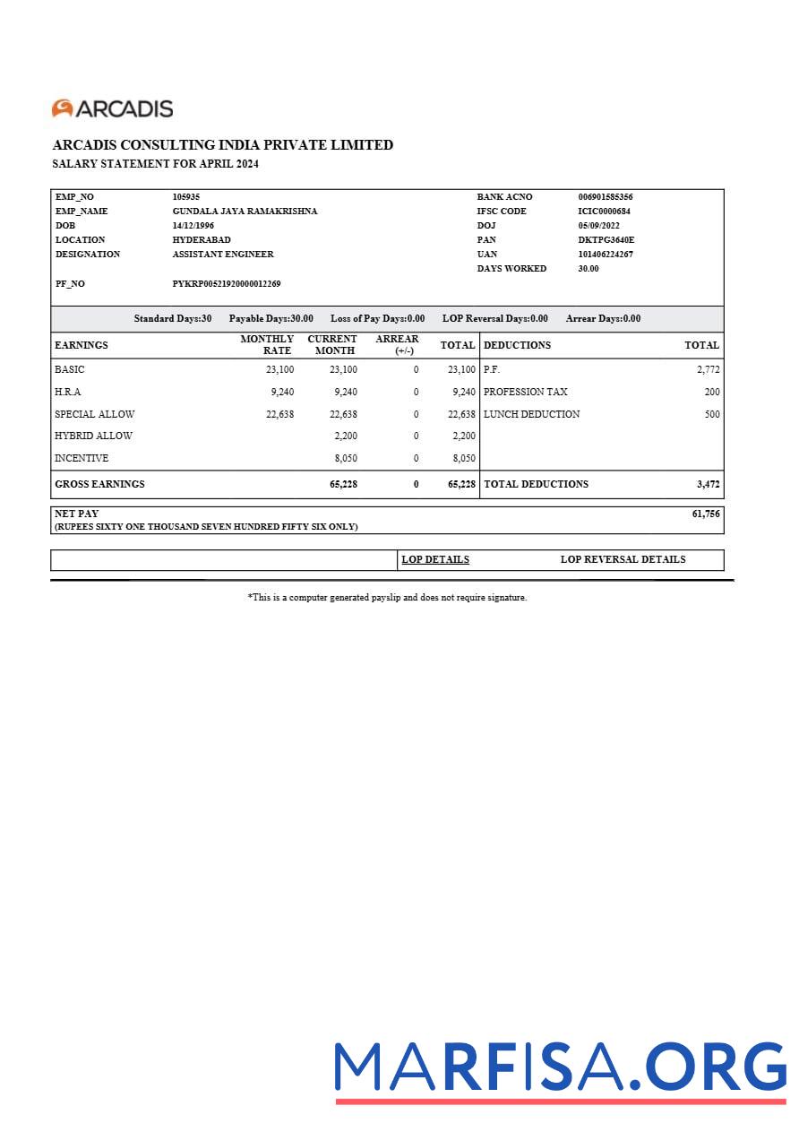 Downloadable Arcadis Consulting India salary statement sample
